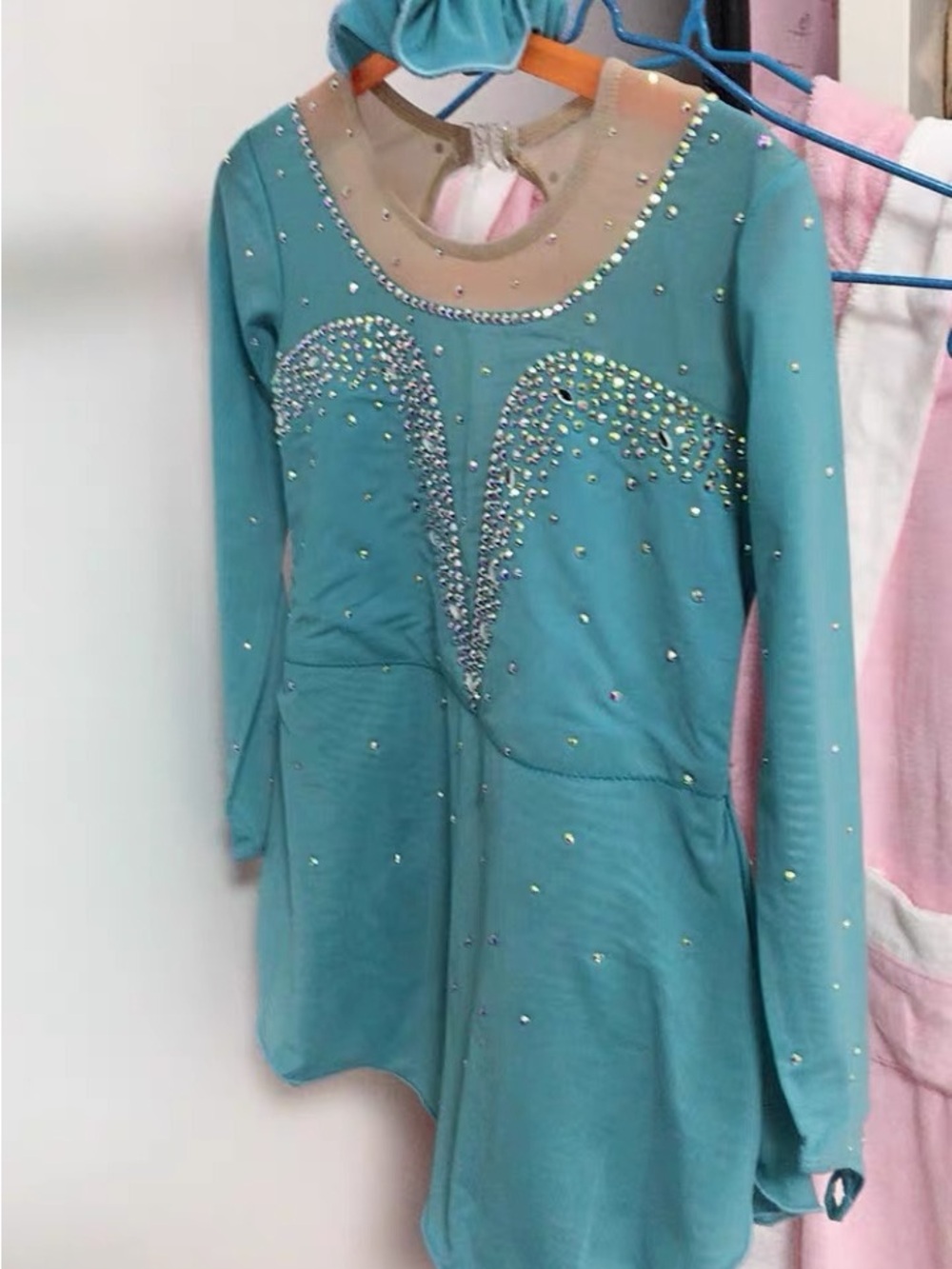 Girl Teal Ice Figure Skating Dress with Crystal Embellishments